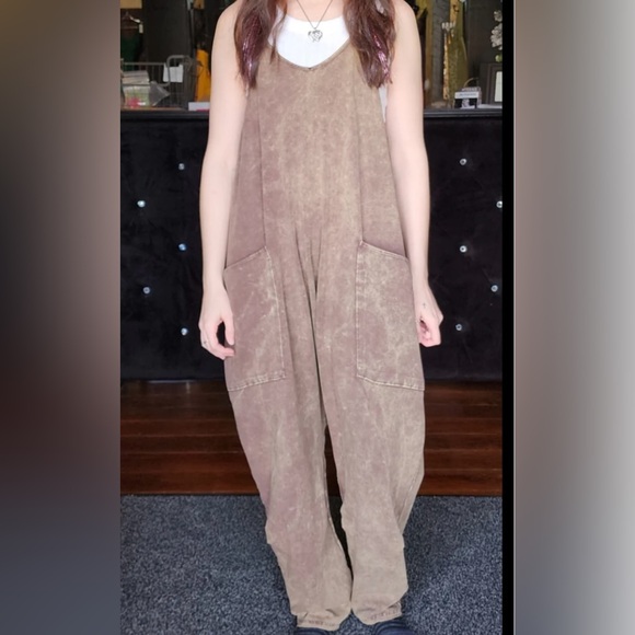 Zenana Outfitters Pants - Zenana Outfitters Casual Acid Wash Tan Jumpsuit